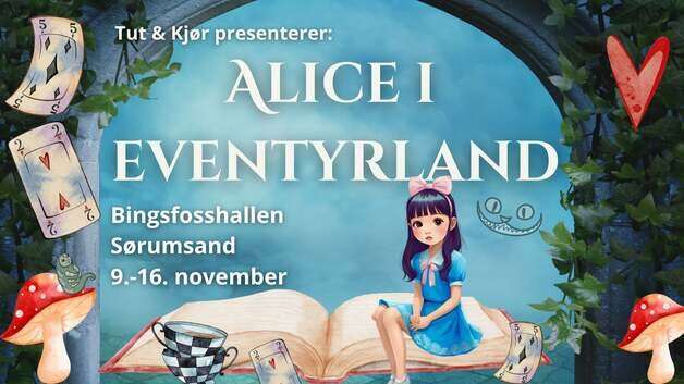 Bilde: Ulike motiv fra Alice i eventyrland. Sopp, kort, hjerte og Cheshire-katten.